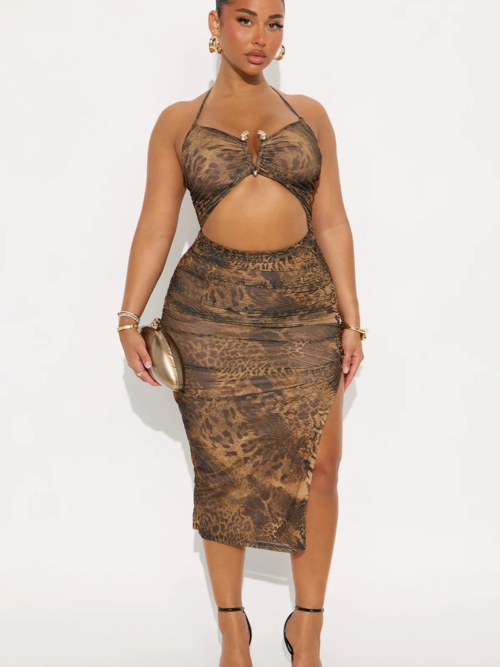 Fashion Nova Brown Animal Print Cutout Midi Dress